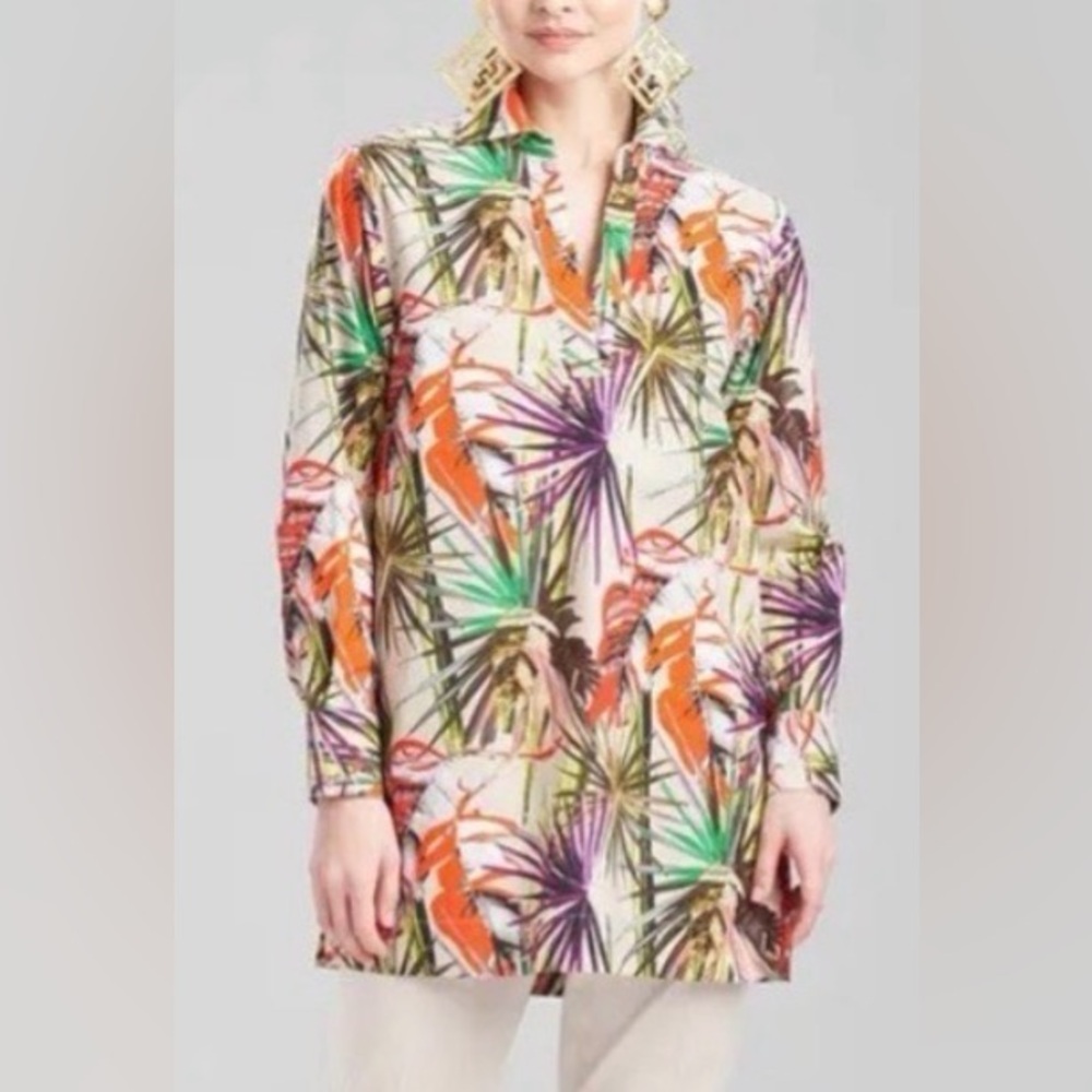 New!NATORI El Nido Cotton Poplin Oversized Pleated Top Sz.Md tropical